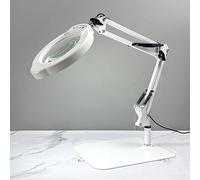Loupe LED avec lumière | 5 modes de couleur à intensité variable | Lentille en verre optique 2x 10,9 cm | Clip réglable ou support de base pour la lecture, les travaux manuels et la réparation (blanc