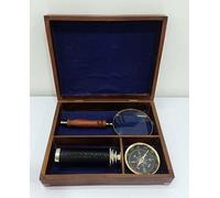 Loupe nautique pour la lecture, télescope pour la mise au point à distance et boussole pour la diréception avec boîte en bois marron - Meilleur coffret cadeau de 3 pièces en bois