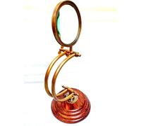 Loupe vintage en laiton avec base en bois, support réglable, Henry Hughes & Son Ltd London