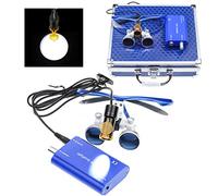 Loupes Jumelles chirurgicales 3,5 x 420 mm en Verre Optique avec Lampe Frontale 5W LED + boîte en Aluminium (Bleu)
