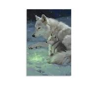 Loups cachés dans les bras de leur mère, lumière verte vacillant dans la nuit enneigée, avec des loups hurlant au loin, décoration murale tendance - Poster d'art à suspendre 40 x 60 cm