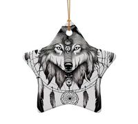 Loups et attrape-rêves 02 exquis pendentif rond de Noël en céramique à suspendre, ornements d'arbre festif, décoration de voiture