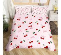 Loussiesd Bows Mignons Cerise Parure de Lit Enfants Arc d'aquarelle Housse de Couette 140x200cm pour Garçons Filles Adolescents Fruits d'été Literie Set Respirant Doux léger Microfibre