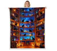 Loussiesd Couverture 100x130cm Magic Bookshelf Couverture Polaire Flanelle Microfibre Fairy Library Plaid Jeté de Canapé Noir Chat Personnalisé pour Canapé ou Lit