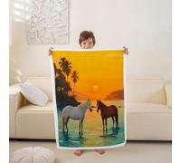 Loussiesd Couverture 150x200cm Cheval Plaid Couverture Polaire Cheval galopant Jeté de Canapé Mignon Animaux Décoration Flanelle en Microfibre Kawaii pour Canapé et Lit Orange Blanc Brun