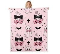 Loussiesd Couverture 150x200cm Halloween Mignon Ghost Plaid Couverture Polaire Noeud Papillonknot Cherry Gothique Crâne Jeté de Canapé Bat Flanelle en Microfibre Rose Noir pour Canapé et Lit