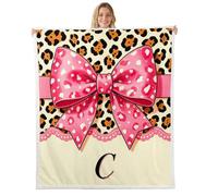Loussiesd Couverture 150x200cm Rose Léopard Noeud Papillon Couverture Polaire Flanelle Microfibre Luxe Style Plaid Jeté de Canapé Lettre Letter C Personnalisé pour Canapé ou Lit