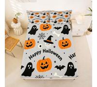 Loussiesd Drap Housse 90x190cm Happy Halloween Mignon Ghost Pumpkin Chat Cobweb Drap-Housse Bat pour Matelas Épais jusqu'à 30 cm Orange Gris Noir Polyester Microfibre