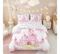 Loussiesd Enfants Château Rose Housse de Couette 200x200cm Garçons Filles Château Arc-en-Ciel Parure de Lit Filles Princesse Housse de Couette Contes de fées Literie Set 3 pièces
