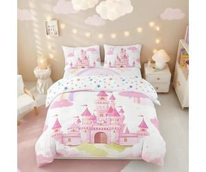 Loussiesd Enfants Château Rose Housse de Couette 200x200cm Garçons Filles Château Arc-en-Ciel Parure de Lit Filles Princesse Housse de Couette Contes de fées Literie Set 3 pièces