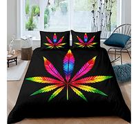 Loussiesd Feuille de Cannabis Weed Parure de Lit 140x200cm Rainbow Cannabis Leaves Sets de Housse de Couette Chambre Feuille de Marijuana Colorée Housse de Couette Bright Leaves Nature Room Decor