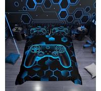 Loussiesd Gamer Housse de Couette 220x240cm pour Enfants Garçons Adolescents Hexagonal Parure de Lit Bleu Gaming Géométrique Ensemble de Literie Rayures Line Décor de Chambre avec 2 taies d'oreiller
