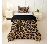 Loussiesd Housse de Couette 140x200cm Brun Léopard Imprimer Parure de Lit Gépard Décoration Housse de Couette Microfibre Lettre Letter F Parure de Lit 1 Personne avec 1 Taie d'oreiller 65x65 cm