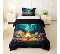 Loussiesd Housse de Couette 140x200cm Camping Heureux Parure de Lit Microfibre Camping Housse de Couette avec 1 Taie d'oreiller 65x65 cmAdventure Campfire DouceNoir Bleu 2 Pièces
