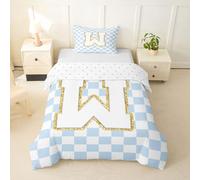 Loussiesd Housse de Couette 140x200cm Lettre Letter W Parure de Lit Microfibre Bleu Checkered Plaid Housse de Couette avec 1 Taie d'oreiller Personnalisé Monogram DouceBuffalo Check 2 Pièces