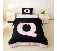 Loussiesd Housse de Couette 140x200cm Microfibre Noir Rose Noeud Papillon Parure de Lit Monogrammed Ensemble de Literie Personnalisé Initial Parure de Lit avec Fermeture Éclair Douce