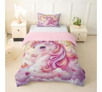 Loussiesd Housse de Couette 140x200cm Mignon Licorne Parure de Lit Dreamy Fairy Cheval Housse de Couette Microfibre Dessin animé Parure de Lit 1 Personne avec 1 Taie d'oreiller 65x65 cm