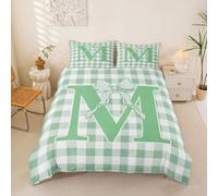 Loussiesd Housse de Couette 140x200cm Vert Noeud Papillon Parure de Lit Mignon Plaid Checkered Set de Housse de Couette avec 1 Taie d'oreiller 65x65 cm Personnalisé Letter M Douce 2 Pièces