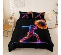 Loussiesd Housse de Couette 200x200cm Baseball Parure de Lit Microfibre Jeu de Sport Housse de Couette avec 2 Taies d'oreiller Baseball Games Cadeau Les Amateurs de Baseballs Rouge Orange 3 Pièces