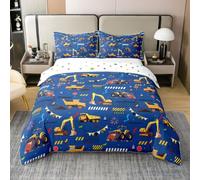 Loussiesd Housse de Couette 200x200cm Coton Bleu Excavateur Parure de Lit 3 Pièces Véhicules de Construction Ensemble de Literie Équipement Camions Parure de Lit avec 2 Taies d'oreiller