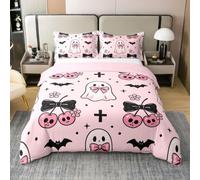 Loussiesd Housse de Couette 200x200cm Coton Halloween Mignon Ghost Parure de Lit 3 Pièces Noeud Papillonknot Cherry Gothique Crâne Ensembles de Housses de Couette Bat Réversible avec Fermeture Éclair