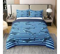 Loussiesd Housse de Couette 200x200cm Coton Requins Parure de Lit 3 Pièces Géométrique Rayures Ensembles de Housses de Couette Océan Animaux de Mers Réversible avec Fermeture Éclair