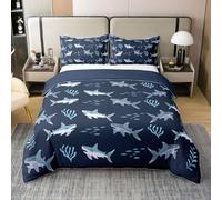 Loussiesd Housse de Couette 200x200cm Coton Requins Parure de Lit Océan Animaux de Mers Ensemble de Literie Poissons Parure de Lit avec Fermeture Éclair Douce
