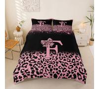 Loussiesd Housse de Couette 200x200cm Microfibre Filles Noeud Papillon Parure de Lit 3 Pièces Glitter Léopard Imprimer Ensembles de Housses de Couette Lettre F Parure de Lit avec 2 Taies d'oreiller