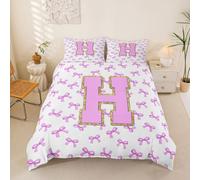 Loussiesd Housse de Couette 200x200cm Mignon Violet Noeud Papillon Parure de Lit Microfibre Monogrammed Housse de Couette avec 2 Taies d'oreiller 65x65 cm Personnalisé Initial H Douce 3 Pièces