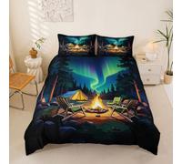 Loussiesd Housse de Couette 220x240cm Camping Heureux Parure de Lit Microfibre Camping Housse de Couette avec 2 Taies d'oreiller 65x65 cm Adventure Campfire Douce Noir Bleu 3 Pièces