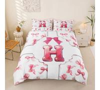 Loussiesd Housse de Couette 220x240cm Microfibre Kawaii Rose Noeud Papillon Parure de Lit 3 Pièces Monogrammed Ensemble de Literie Personnalisé Initial H Parure de Lit avec 2 Taies d'oreiller