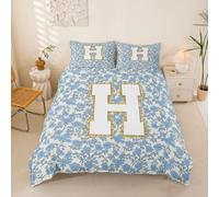 Loussiesd Housse de Couette 220x240cm Microfibre Personnalisé Initial H Parure de Lit Bleu Floral Ensemble de Literie Romantique Fleurs Parure de Lit avec Fermeture Éclair Monogrammed Douce