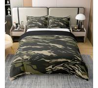 Loussiesd Housse de Couette 240x260cm Coton Camouflage Modèle Parure de Lit 3 Pièces Vert et Noir Camo Tigre Rayures Ensemble de Literie Rustique Occidental Réversible avec Fermeture Éclair