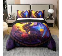 Loussiesd Housse de Couette 240x260cm Dragon Parure de Lit 2 Personnes Dragon Stuff Set de Housse de Couette Wild Life avec Fermeture Éclair Dino de la Jungle 100% Coton Noir Yelllow