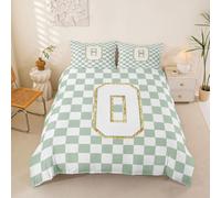 Loussiesd Housse de Couette 240x260cm Lettre Letter O Parure de Lit Vert Checkered Plaid Housse de Couette Microfibre Personnalisé Monogram Parure de Lit 2 Personnes avec 2 Taies d'oreiller 65x65 cm