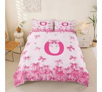 Loussiesd Housse de Couette 240x260cm Microfibre Filles Mignon Rose Noeud Papillon Parure de Lit 3 Pièces Monogrammed Ensemble de Literie Personnalisé Lettre O Réversible avec Fermeture Éclair