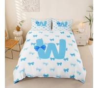 Loussiesd Housse de Couette 240x260cm Mignon Bleu Noeud Papillon Parure de Lit Ribbon Noeud Papillon Knot Ensemble de Literie Personnalisé Lettre W Parure de Lit avec Fermeture Éclair Douce