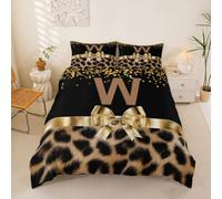 Loussiesd Housse de Couette 240x260cm Mignon Noeud Papillonknot Parure de Lit Microfibre Léopard Imprimer Housse de Couette avec 2 Taies d'oreiller 65x65 cm Lettre Letter W Douce 3 Pièces