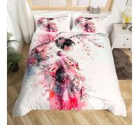 Loussiesd Japon Geisha Housse de Couette 220x240cm Garçons Filles Fleurs de cerisiers Parure de Lit Tradition Japonaise Douce Respirante Literie Set 3 pièces Décor de Chambre