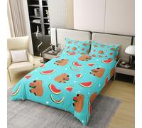 Loussiesd Jolie Capybara Parure de Lit Kawaii Capybara Coton Housse de Couette 140x200cm Literie Set pour Garçons Filles Été Pastèque d'eau Joli Teal Chambre À Coucher Décor