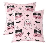 Loussiesd Lot de 2 Housse de Coussin 60x60cm Halloween Mignon Ghost Housses de Coussin Noeud Papillonknot Cherry Gothique Crâne Taie d'oreiller Bat Decoration Taie Oreiller