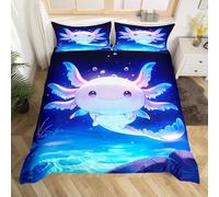 Loussiesd Mignon Axolotl Housse de Couette 140x200cm Dessin animé Salamandre Parure de Lit Garçons Filles Kawaii océan Vie de mer Ensemble de literie Femmes Literie Set, Bleu Noir