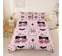 Loussiesd Parure de Lit 140x200cm Halloween Mignon Ghost Parure de Lit Noeud Papillonknot Cherry Gothique Crâne Ensembles de Housses de Couette Bat Douce Microfibre Rose Noir avec Fermeture Éclair