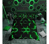 Loussiesd Parure de lit 3 pièces avec housse de couette et 2 taies d'oreiller sur le thème géométrique hexagonal avec lumières néons vertes, pour garçons, adolescents, hommes, noir, lit double