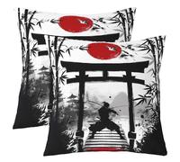 Loussiesd Samurai Housse de coussin, décorative, 40 x 40 cm, motif : coucher de soleil, rouge, style japonais, encre et lavage, en bambou