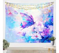 Loussiesd Tapisserie murale papillon - 175 x 230 cm - Aquarelle - Pour fille - Bleu - Style princesse - Mignon rêve - Motif floral - Pour chambre à coucher, salon, dortoir - Violet