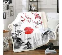 Loussiesd Ukiyoe - Couverture japonaise - 150 x 200 cm - Motif fleurs de cerisier - Soleil rouge - Pour enfants garçons et filles - Encre - Style japonais - Style exotique - Couverture polaire en