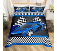 Loussiesd Voiture de Course Housse de Couette 140x200cm Enfants garçons Noir Blanc Drapeau à échecs imprimé Parure de Lit Sports extrêmes Literie Set Vitesse Voiture de Sport Bleu Housse de Couette