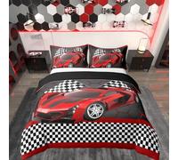 Loussiesd Voiture de Course Housse de Couette 220x240cm pour Les Enfants Garçons Noir Blanc Drapeau à échecs Imprimer Literie Set Sports extrêmes Parure de Lit Décor de Chambre