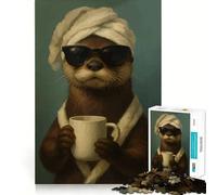Loutre avec café et Lunettes de Soleil pour Adultes Puzzle de 1000 pièces Jeu de réflexion Attente et Calme Pièce de Collection de qualité (38x26cm)